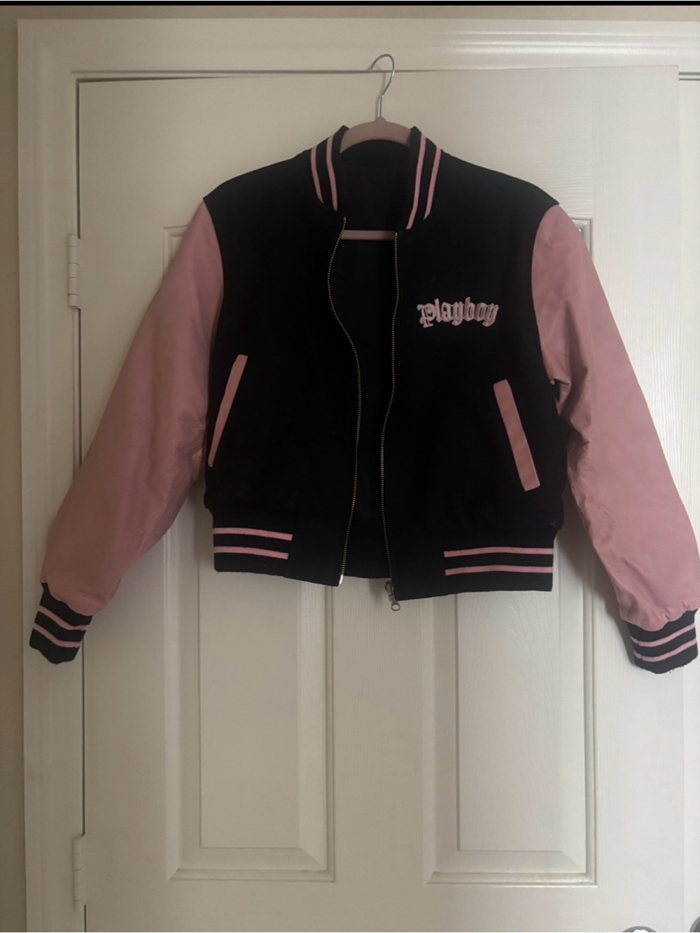 PLAYBOY 90’s Reversible Black and Pink Varsity Bomber Jacket